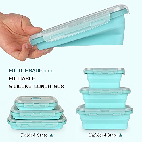 Keweis Silicone Lunch Box, Collapsible Folding Food Storage Container with Lids, Kitchen Microwave Freezer and Dishwasher Safe Kids, Set of 3 - Square Blue