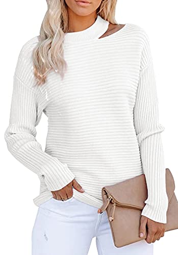 KIRUNDO 2021 Women’s Sweaters Halter Neck Off Shoulder Long Sleeves Knit Sweater Loose Solid Pullovers Tops (White, X-Large)