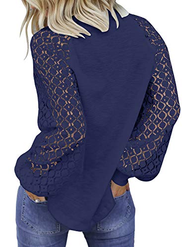 MIHOLL Women’s Long Sleeve Tops Lace Casual Loose Blouses T Shirts (Navy Blue, Small)