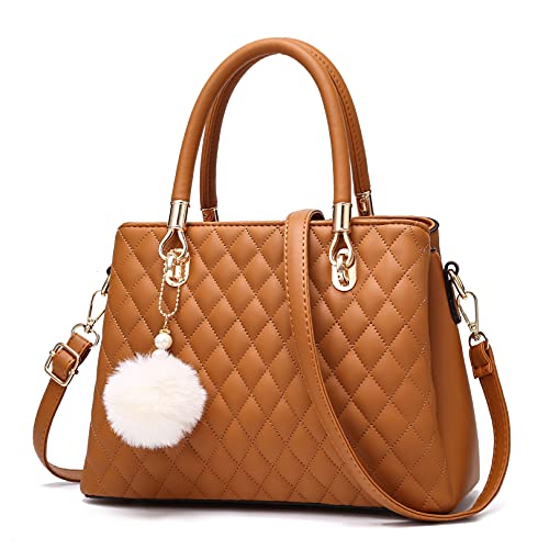 I IHAYNER Womens Leather Handbags Purses Top-handle Totes Satchel Shoulder Bag for Ladies with Pompon Brown