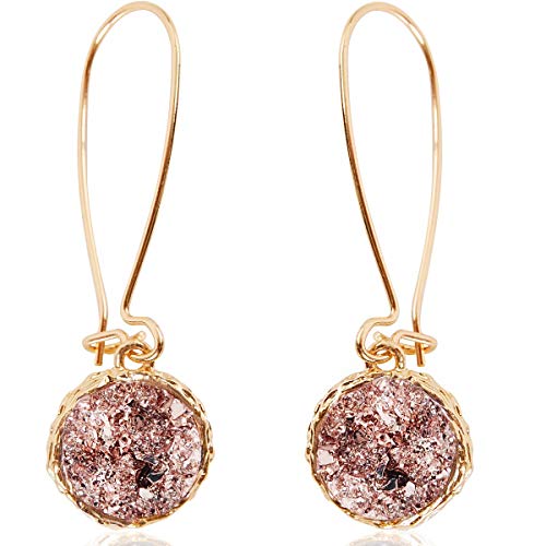 Humble Chic Simulated Druzy Threaders, Boho Glitter Upside-Down Long Hoop Dangle Drop Earrings for Women, Gold - Rose Gold Stone