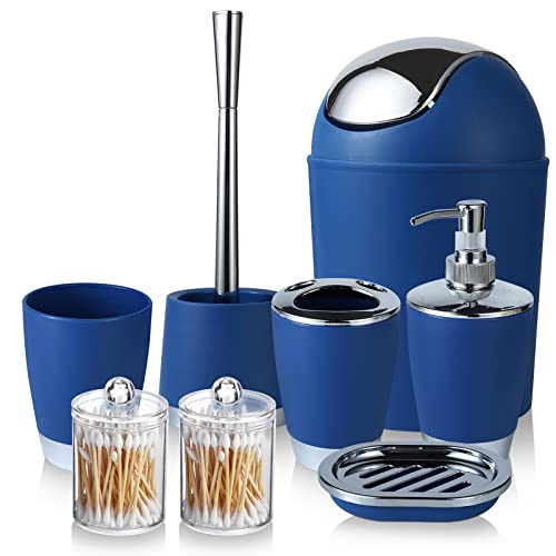 HOMEACC 8 Pcs Blue Bathroom Accessories Set,with Toothbrush Holder,Toothbrush Cup,Soap Dispenser,Soap Dish,Toilet Brush Holder,Trash Can,Cotton Swab Box,Plastic Bathroom Set for Home and Bathroom