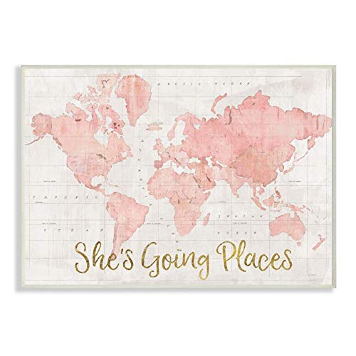 Stupell Industries She's Going Places Quote Pink Watercolor World Map, ab-961_wd_13x19, wall plaque