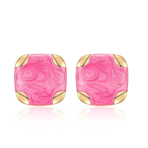 Aprilery Pink Stud Earrings for Women, Trendy Love Heart Geometric Flower Boho Studs Hypoallergenic Statement Earrings Cocktail Costume Jewelry Gifts for Women (Pink Square)
