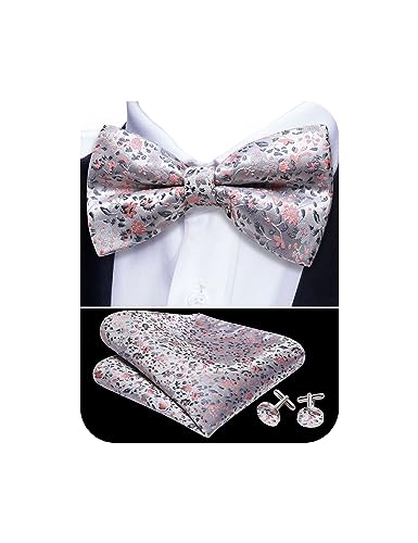 YOHOWA Mens Bow Tie Pink Grey Floral Pre-Tied Bowties Pocket Square Cufflinks Set Formal Wedding Party Prom