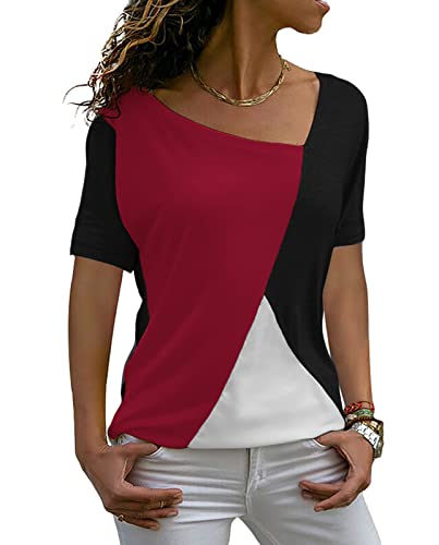 Sarin Mathews Womens Shirts Casual Tee Shirts Short Sleeve Patchwork Color Block Loose Fits Tunic Tops Blouses Burgundy+Black 2XL