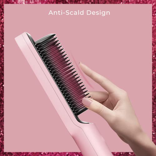 TYMO Ring Pink Hair Straightener Brush – Hair Straightening Iron with Built-in Comb, 20s Fast Heating & 5 Temp Settings & Anti-Scald, Perfect for Professional Salon at Home