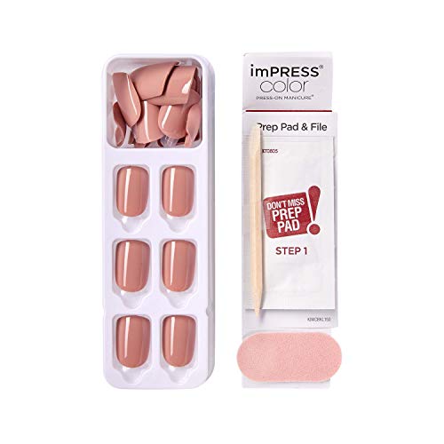 KISS imPRESS Color Press-On Manicure, Gel Nail Kit, PureFit Technology, Short Length, “Sandbox”, Polish-Free Solid Color Mani, Includes Prep Pad, Mini File, Cuticle Stick, and 30 Fake Nails