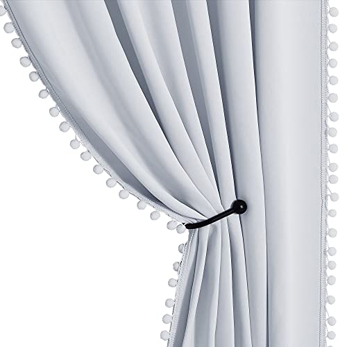 StangH Blackout Curtains for Living Room 63 inch, White Thermal Curtains for Small Window/Kitchen, Pompom, Room Darkening Door Panels for Hotel/Nursery, Greyish White, W52 x L63, 2 Panels