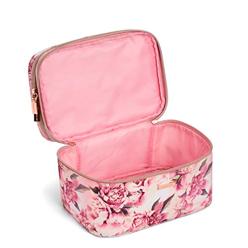 Pink Floral Print Double Zip Train Case Makeup Organizer