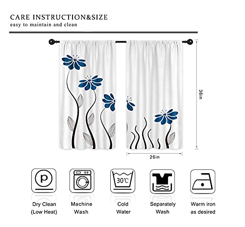 Riyidecor Blue Flower Kitchen Curtains 55 x 39 Inch Floral Petals Rod Pocket Leaves Lines Woman Girl White Plant Silhouettes Printed Living Room Bedroom Window Drapes Treatment Fabric 2 Panels WW-TGNA