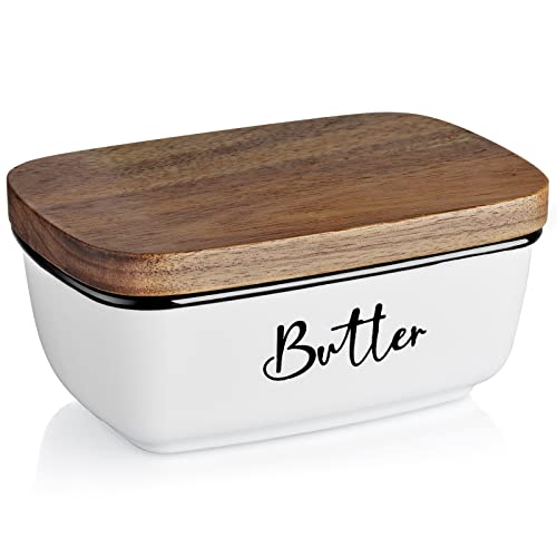 Butter Dish with Lid, ALELION Large Ceramic Butter Dish with Lid for Countertop, Butter Keeper with Thick Acacia Wood Lid, Kitchen Decor and Accessories for Kitchen Gifts, White