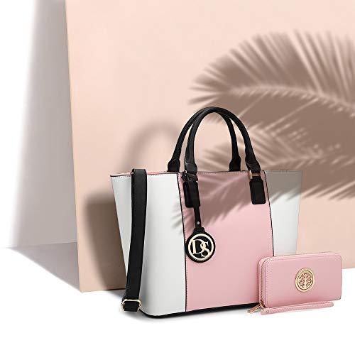 Large Tote Shoulder Bag w/Matching Wallet, Pink and White - Pink and Caboodle