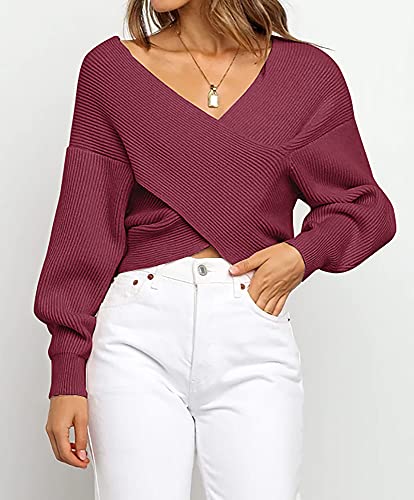BTFBM Women Casual V Neck Long Sleeve Sweaters Cross Wrap Front Off Shoulder Asymmetric Hem Knitted Crop Solid Pullover (Solid Wine Red, X-Large)