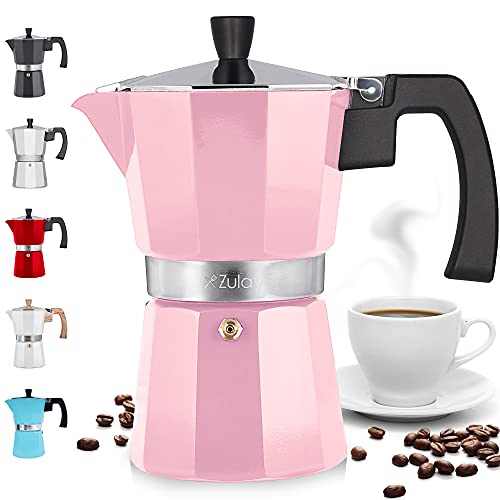 Zulay Classic Stovetop Espresso Maker for Great Flavored Strong Espresso, Classic Italian Style 5.5 Espresso Cup Moka Pot, Makes Delicious Coffee, Easy to Operate & Quick Cleanup Pot (Pink)