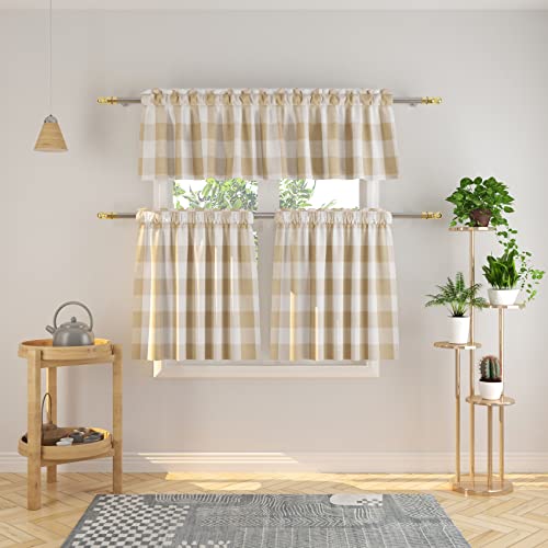 NATUS WEAVER 3 Pc Cotton Classic Country Farmhouse Kitchen Window Curtain -Beige & White Buffalo Check Tier & Valance Set, 54