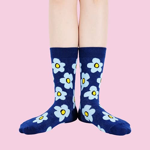 Womens Novelty Funny Crew Socks Girls Cute Floral Colorful Patterned Socks Silly Funky Casual Cotton Flower printed Socks Gift，5 Pack-sunflowers