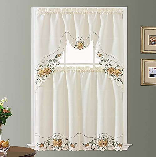 Lily Fragrance. 3pcs Multi-Color Embroidery Kitchen Curtain/ Cafe Curtain / Swag & Tiers Set with cutworks. (Gold)