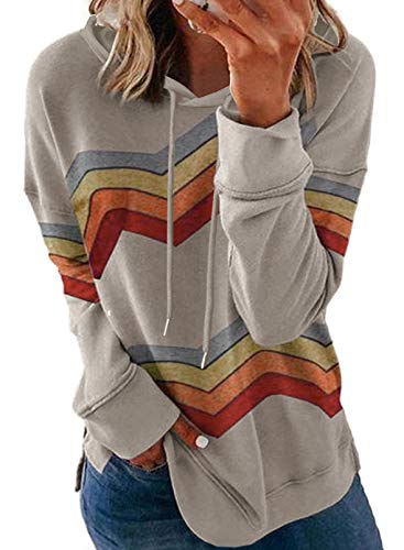 GOLDPKF Women's Fashion Hoodies & Sweatshirts Long Sleeve Shirts Ladies Hoodie Striped Color Block Tunic Sweaters Pullover Soft Comfy Tops Gray Small