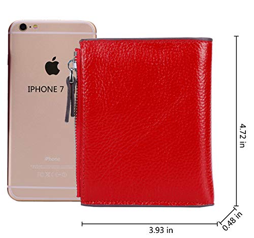 AINIMOER Women's RFID Blocking Leather Small Compact Bi-fold Zipper Pocket Wallet Card Case Purse (Lichee Red)