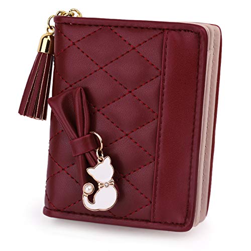 UTO Women PU Leather Small Wallet Cat Pendant Card Phone Holder Zipper Coin Purse Zoey Wine Red