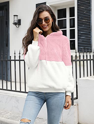 LONGYUAN Womens Sherpa Long Sleeve Sweatshirt Soft Warm Fleece Sweaters Hoodies Zipped Up Teddy Coat L Deep Pink White