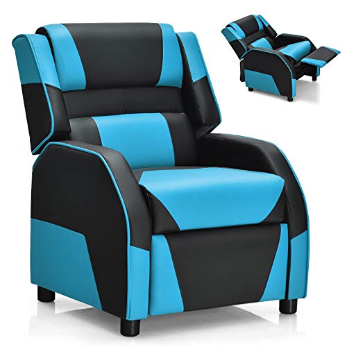 Costzon Kids Recliner, Gaming Recliner Chair w/Footrest, Headrest & Lumbar Support, Ergonomic Leather Lounge Chair for Living & Gaming Room, Adjustable Racing Style Sofa for Children Boys Girls, Blue