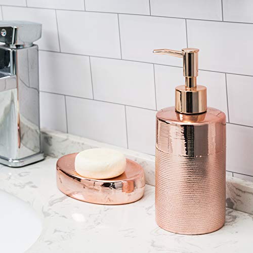 MyGift 4-Piece Rose Gold Modern Textured Ceramic Bathroom Set with Soap Dish, Pump Dispenser, Toothbrush Holder & Tumbler