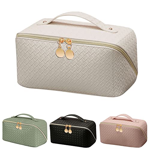 MLAY PU Travel Cosmetic Bag - Makeup Bag, Large Capacity Leather Waterproof Cosmetic Bags, Women Portable Travel Makeup Bag With Handle and Divider Flat Lay make up bag