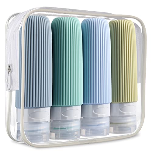 Mrsdry Travel Bottles for Toiletries, Tsa Approved 3oz Portable Travel Bottles, BPA Free Leak Proof Squeezable Silicone Travel Size Containers, Travel Accessories with Clear Toiletry Bag (4 Pack)