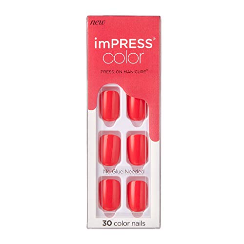 KISS imPRESS Color Press-On Manicure, Gel Nail Kit, PureFit Technology, Short Length, “Corally Crazy”, Polish-Free Solid Color Mani, Includes Prep Pad, Mini File, Cuticle Stick, and 30 Fake Nails