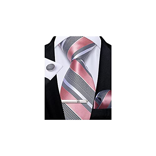 DiBanGu Men's Pink Grey Striped Tie Silk Woven Necktie Pocket Square Cufflink Set Formal