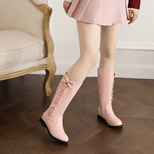 Womens Fall Winter Knee High Boots Princess Shoes Women Fashion Bowkont Lace Waterproof Knee Boot Snow Boots (Pink, 8.5)