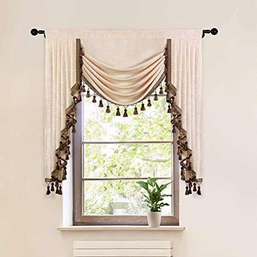 ELKCA Beige Thick Chenille Waterfall Valance for Living Room Window Curtains Valance for Bedroom,Rod Pocket,1 Panel(Beige, W39 Inch)