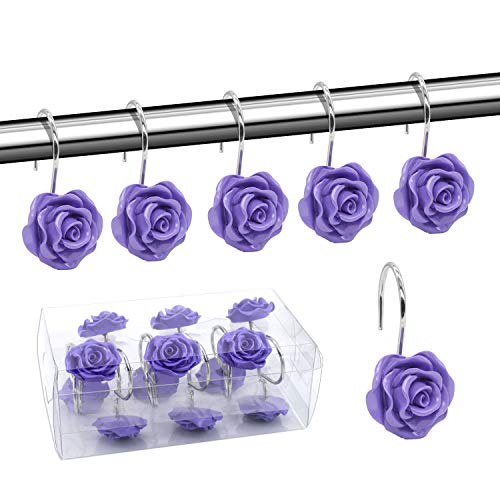 Rose Resin Decorative Rustproof Shower Curtain Ring Hooks, Set of 12  (4 colors)