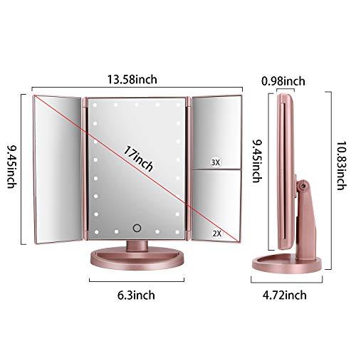 Tri-Fold Lighted Vanity Makeup Mirror, 21 LED Lights, 2X-3X Magnification, Touch Sensor - Pink and Caboodle