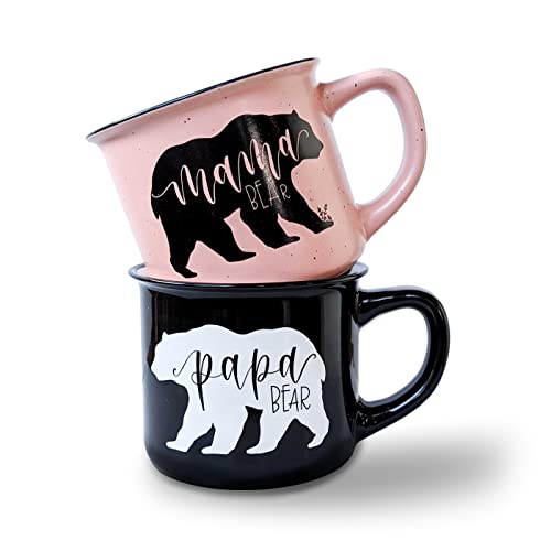 Mom and Dad Mugs With Gift Box - Mama Bear and Papa Bear Camping Coffee Mug Novelty Gifts for Mom and Dad by June and Lucy - 15 oz Microwave and Dishwasher Safe