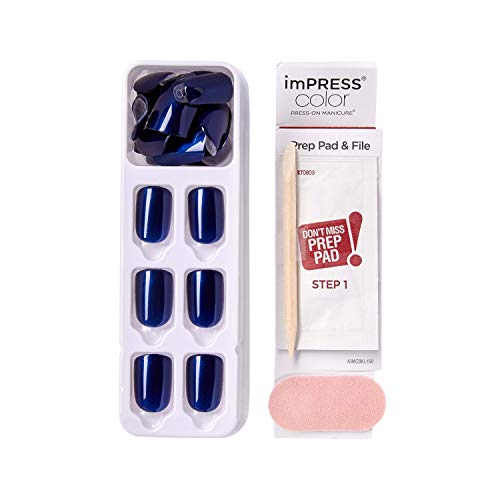 KISS imPRESS Color Press-On Manicure, Gel Nail Kit, PureFit Technology, Short Length, “Never Too Navy”, Polish-Free Solid Color Mani, Includes Prep Pad, Mini File, Cuticle Stick, and 30 Fake Nails