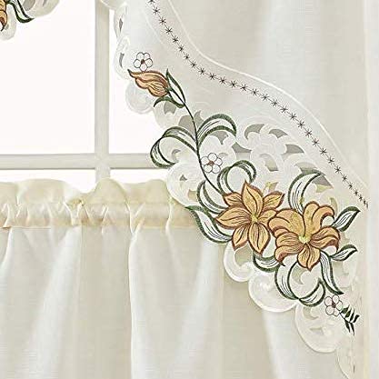 Lily Fragrance. 3pcs Multi-Color Embroidery Kitchen Curtain/ Cafe Curtain / Swag & Tiers Set with cutworks. (Gold)