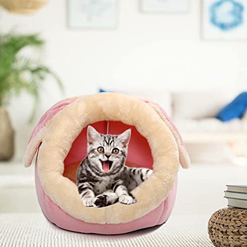 Cat Beds for Indoor Cats - Small Dog Bed with Anti-Slip Bottom, Rabbit-Shaped Cat/Small Dog Cave with Hanging Toy, Puppy Bed with Removable Cotton Pad, Super Soft Calming Pet Sofa Bed (Pink Medium)