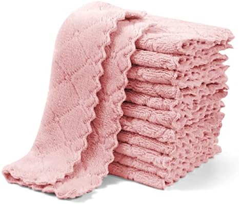 UMANI 12 Pack Kitchen Dish Cloths, Ultra Soft Absorbent Quick Drying Dish Towels, Nonstick Oil Microfiber Cleaning Cloth, Machine Washable Coral Fleece Cleaning Rags (Pink)
