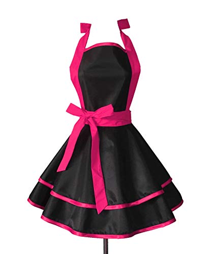 Hyzrz Lovely Handmade Cotton Retro Black Aprons for Women Girls Cake Kitchen Cook Apron for Mother's Gift (Red Rose)