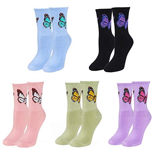 Christmas Gift Womens Novelty Funny Crew Socks Girls Cute Floral Colorful Patterned Socks Silly Funky Casual Cotton Flower printed Socks Gift，5 Pair-butterfly