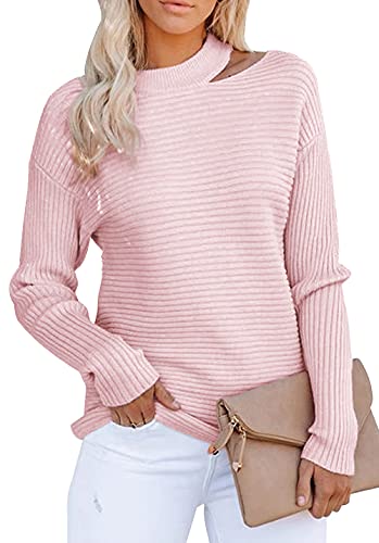 KIRUNDO 2021 Women’s Sweaters Halter Neck Off Shoulder Long Sleeves Knit Sweater Loose Solid Pullovers Tops (Pink, X-Large)