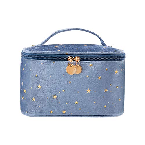 HOYOFO Velvet Makeup Bag with Handle Cosmetic Bags with Makeup Brush Holder Travel Make up Bag for Women, A Blue