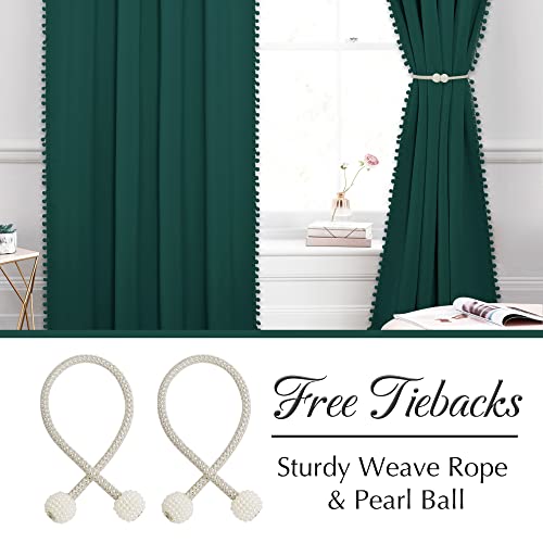 StangH Dark Green Pompom Blackout Curtains, Thermal Insulated Light Blocking Window Drapes for Nursery Kids, Christmas Backdrops for Birthday Party, W52 x L63, 2 Panels