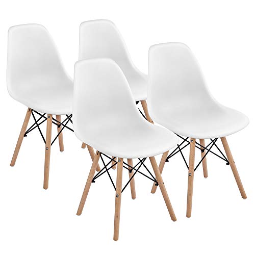Yaheetech Dining Chairs Modern Side Shell Eiffel DSW Chairs with Beech Wood Legs and Metal Wires for Dining Room Living Room Bedroom Kitchen Lounge Reception, Set of 4, White