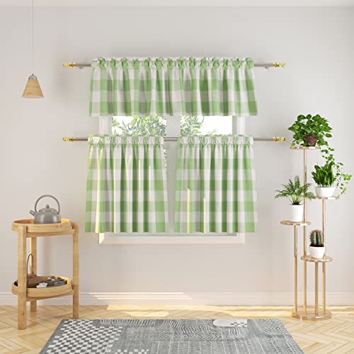 NATUS WEAVER 3 Pc Cotton Classic Country Farmhouse Kitchen Window Curtain -Mint Green & White Buffalo Check Tier & Valance Set, 54