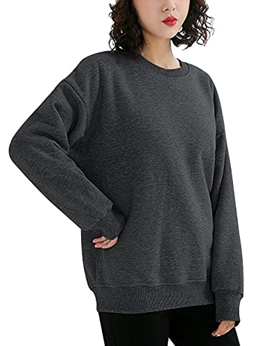 Gihuo Women's Fleece Sherpa Lined Crewneck Pullover Sweatshirt (DarkGrey, Large)