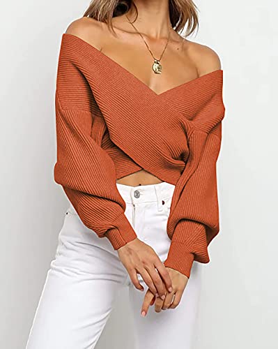 BTFBM Women Casual V Neck Long Sleeve Sweaters Cross Wrap Front Off Shoulder Asymmetric Hem Knitted Crop Solid Pullover(Solid Brown, X-Large)
